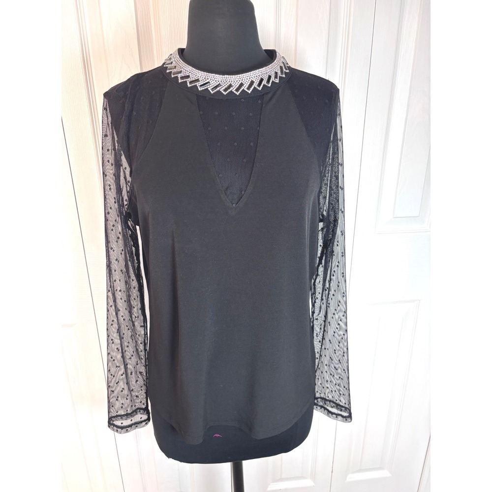 MOA MOA Black Mesh Embellished Collar Keyhole Back Formal Long‎ Sleeve Top L